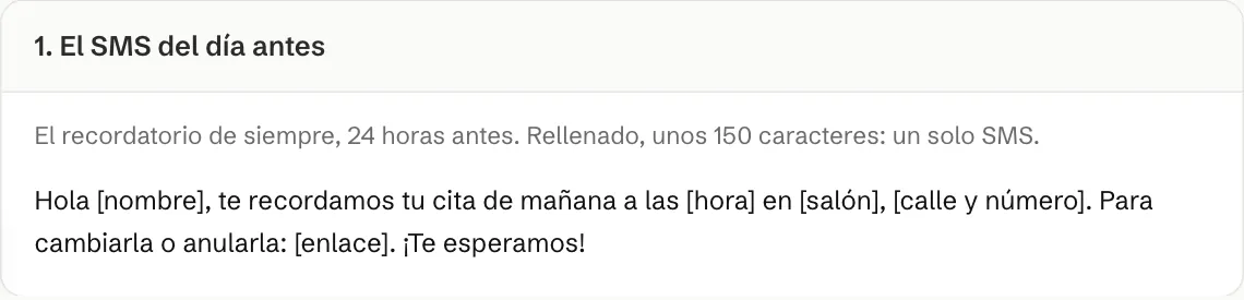 Plantilla de SMS de recordatorio de cita para el día antes, con un enlace para cambiar o anular la cita